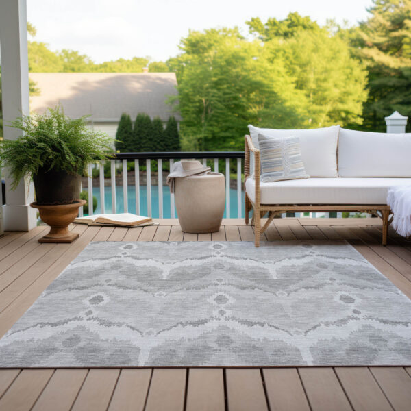 8' X 10' Silver And Gray Ikat Washable Indoor Outdoor Area Rug
