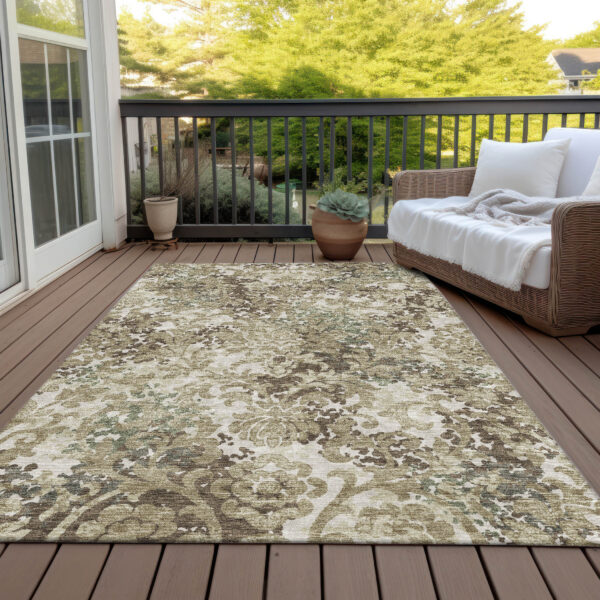 10' X 14' Beige Taupe And Brown Floral Washable Indoor Outdoor Area Rug