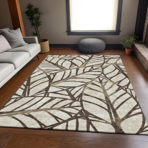 5' X 8' Chocolate And Beige Floral Washable Indoor Outdoor Area Rug