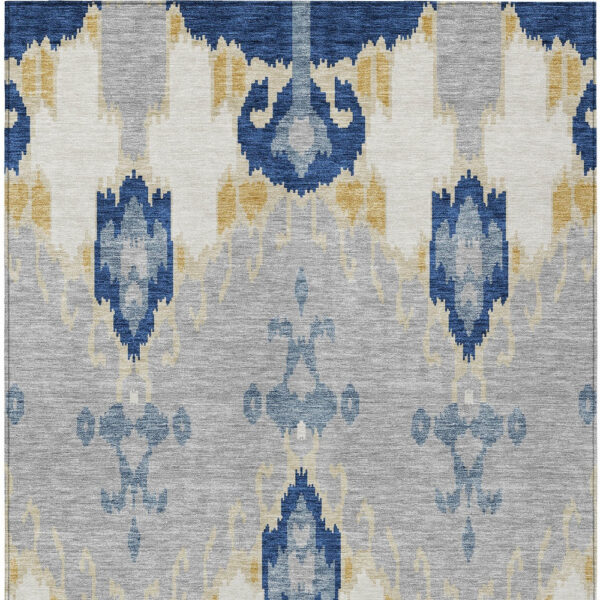 5' X 8' Navy Blue Ivory And Gray Ikat Washable Indoor Outdoor Area Rug