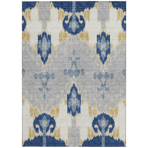 5' X 8' Navy Blue Ivory And Gray Ikat Washable Indoor Outdoor Area Rug