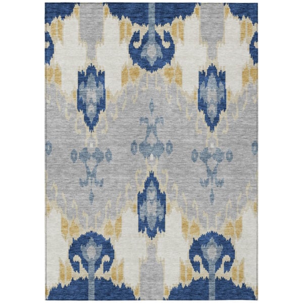 5' X 8' Navy Blue Ivory And Gray Ikat Washable Indoor Outdoor Area Rug