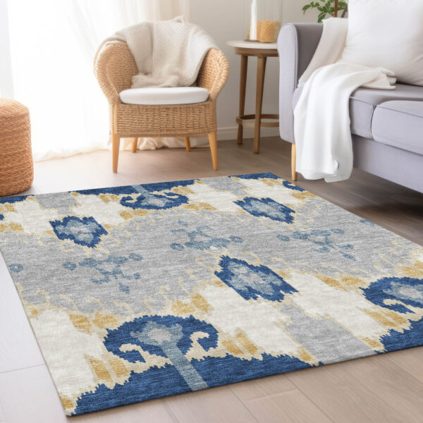 5' X 8' Navy Blue Ivory And Gray Ikat Washable Indoor Outdoor Area Rug