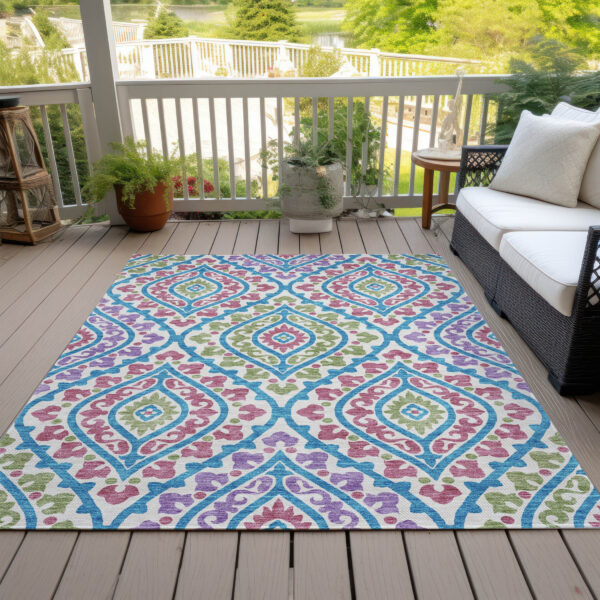 10' X 14' White Artichoke Green And Purple Floral Washable Indoor Outdoor Area Rug