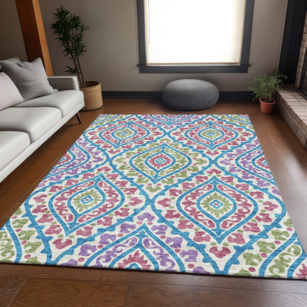10' X 14' White Artichoke Green And Purple Floral Washable Indoor Outdoor Area Rug