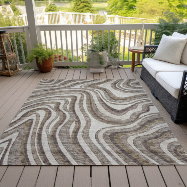 10' X 14' Brown Ivory And Taupe Abstract Washable Indoor Outdoor Area Rug
