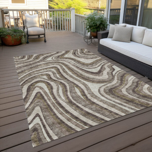 10' X 14' Brown Ivory And Taupe Abstract Washable Indoor Outdoor Area Rug