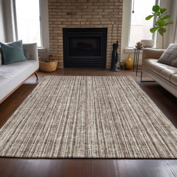 10' X 14' Brown And Ivory Striped Washable Indoor Outdoor Area Rug
