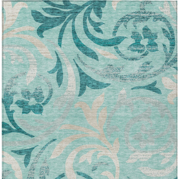 10' X 14' Teal Blue Aqua And Beige Floral Washable Indoor Outdoor Area Rug