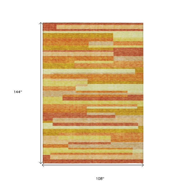 9' X 12' Orange Salmon And Lime Green Striped Washable Indoor Outdoor Area Rug