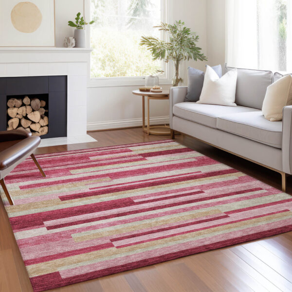 5' X 8' Blush Pink And Mauve Striped Washable Indoor Outdoor Area Rug