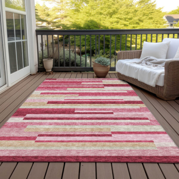 5' X 8' Blush Pink And Mauve Striped Washable Indoor Outdoor Area Rug