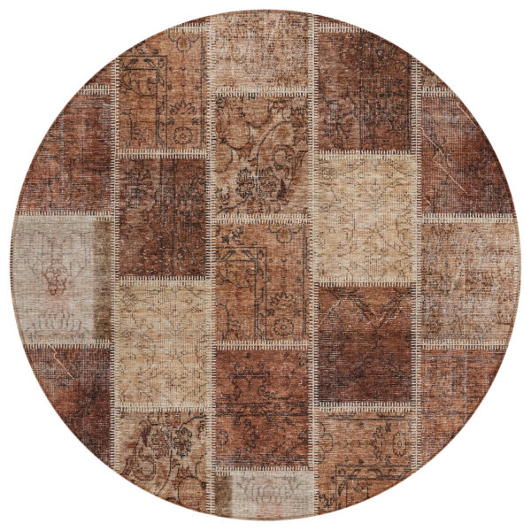 8' Orange Copper And Beige Round Patchwork Washable Indoor Outdoor Area Rug