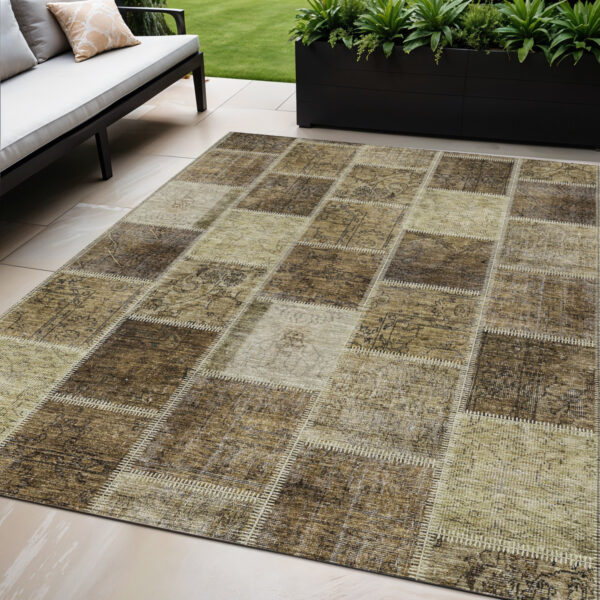 5' X 8' Brown Beige And Taupe Patchwork Washable Indoor Outdoor Area Rug