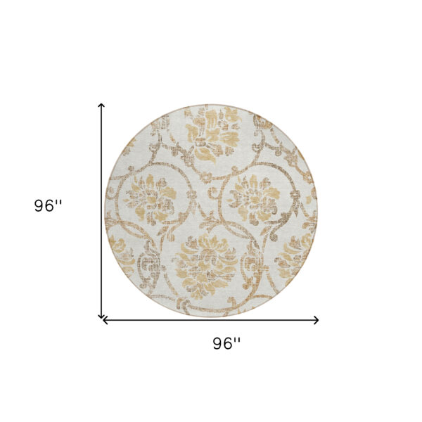 8' Ivory Beige And Gold Round Floral Washable Indoor Outdoor Area Rug