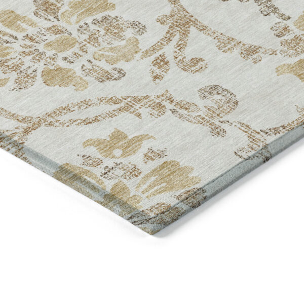 8' Ivory Beige And Gold Round Floral Washable Indoor Outdoor Area Rug