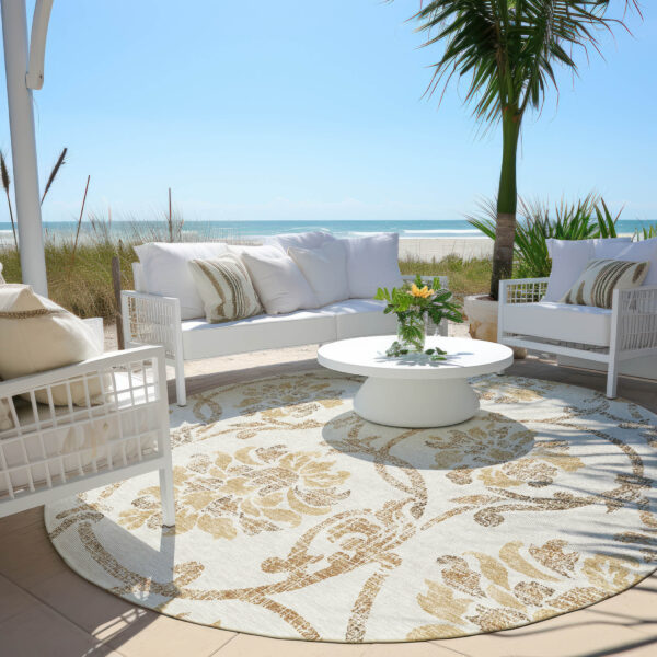 8' Ivory Beige And Gold Round Floral Washable Indoor Outdoor Area Rug