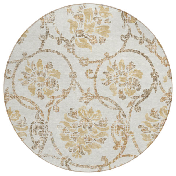 8' Ivory Beige And Gold Round Floral Washable Indoor Outdoor Area Rug
