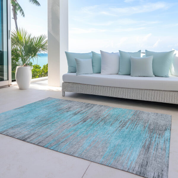 3' X 5' Teal Blue Charcoal And Gray Abstract Washable Indoor Outdoor Area Rug