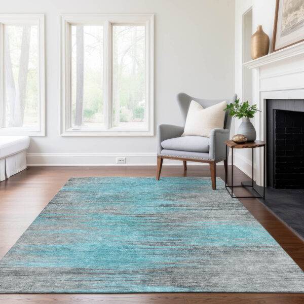 3' X 5' Teal Blue Charcoal And Gray Abstract Washable Indoor Outdoor Area Rug