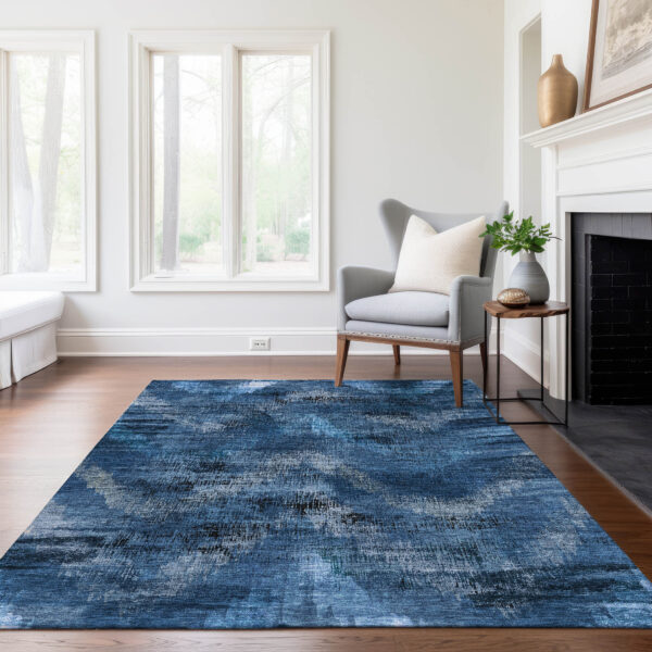 8' X 10' Navy Blue And Sky Blue Abstract Washable Indoor Outdoor Area Rug