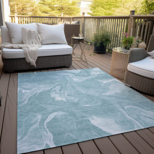 9' X 12' Teal Blue And Aqua Abstract Washable Indoor Outdoor Area Rug