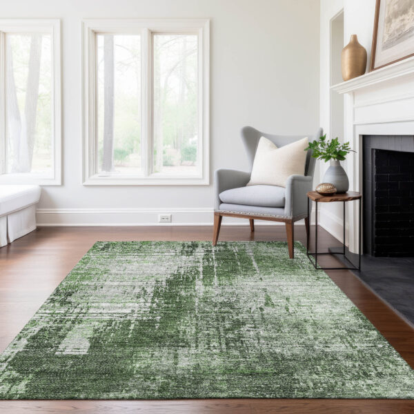 5' X 8' Fern Green And Green Abstract Washable Indoor Outdoor Area Rug