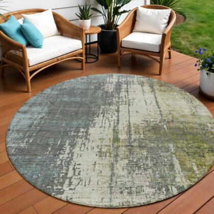 8' Sage Beige And Brown Round Abstract Washable Indoor Outdoor Area Rug