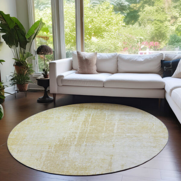 8' Gold Ivory And Beige Round Abstract Washable Indoor Outdoor Area Rug