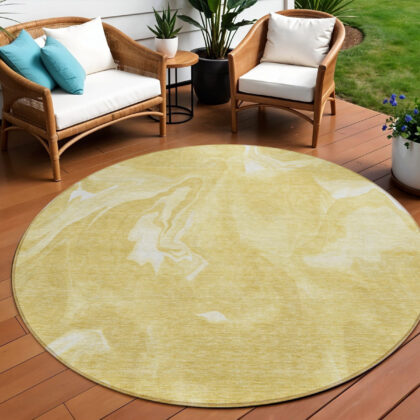 8' Gold Wheat And Ivory Round Abstract Washable Indoor Outdoor Area Rug