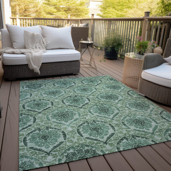 10' X 14' Fern Green And Emerald Medallion Washable Indoor Outdoor Area Rug