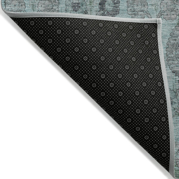 5' X 8' Turquoise Gray And Charcoal Damask Washable Indoor Outdoor Area Rug