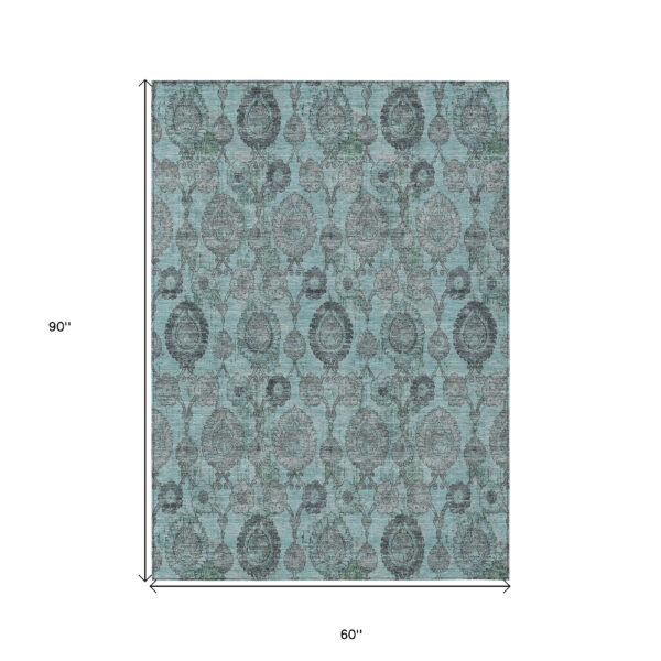 5' X 8' Turquoise Gray And Charcoal Damask Washable Indoor Outdoor Area Rug