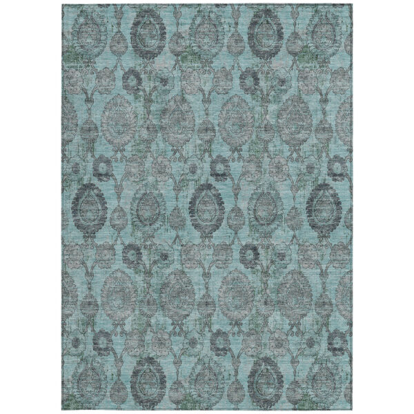 5' X 8' Turquoise Gray And Charcoal Damask Washable Indoor Outdoor Area Rug
