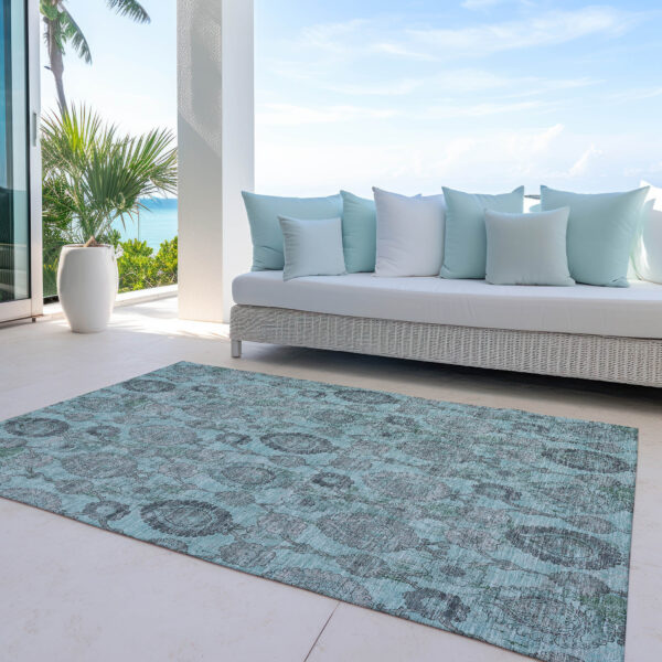 5' X 8' Turquoise Gray And Charcoal Damask Washable Indoor Outdoor Area Rug