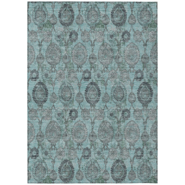 5' X 8' Turquoise Gray And Charcoal Damask Washable Indoor Outdoor Area Rug