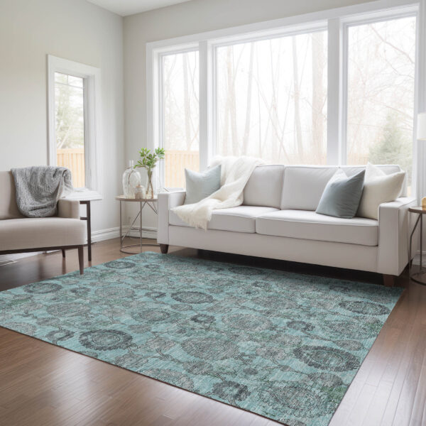 5' X 8' Turquoise Gray And Charcoal Damask Washable Indoor Outdoor Area Rug