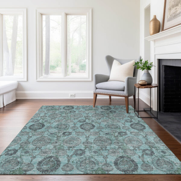5' X 8' Turquoise Gray And Charcoal Damask Washable Indoor Outdoor Area Rug