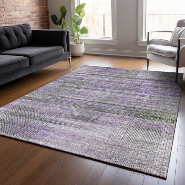3' X 5' Purple Lavender And Gray Striped Washable Indoor Outdoor Area Rug