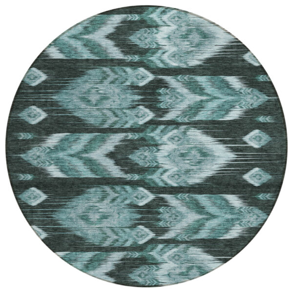 8' Teal Blue Aqua And Charcoal Round Southwestern Washable Indoor Outdoor Area Rug