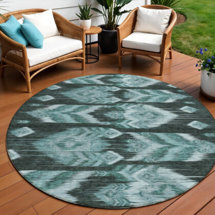 8' Teal Blue Aqua And Charcoal Round Southwestern Washable Indoor Outdoor Area Rug