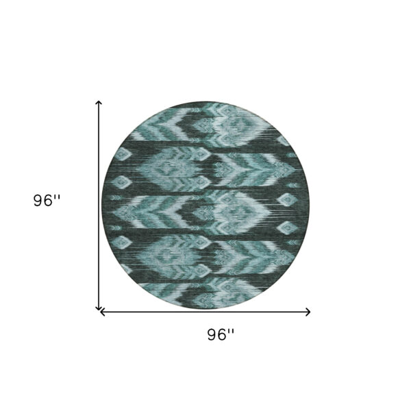 8' Teal Blue Aqua And Charcoal Round Southwestern Washable Indoor Outdoor Area Rug