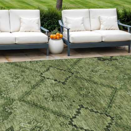 10' X 14' Olive Green Fern Green And Artichoke Green Floral Washable Indoor Outdoor Area Rug