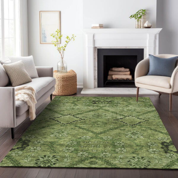 10' X 14' Olive Green Fern Green And Artichoke Green Floral Washable Indoor Outdoor Area Rug