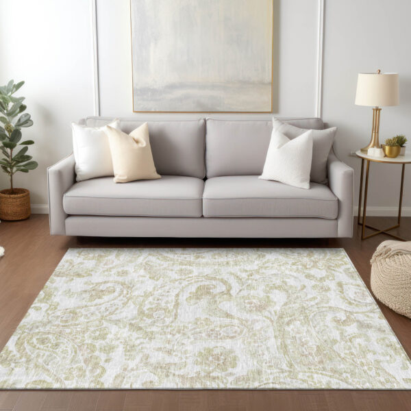 10' X 14' Beige Tan And Ivory Paisley Washable Indoor Outdoor Area Rug