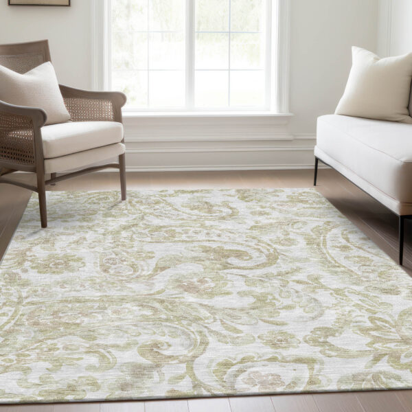 10' X 14' Beige Tan And Ivory Paisley Washable Indoor Outdoor Area Rug