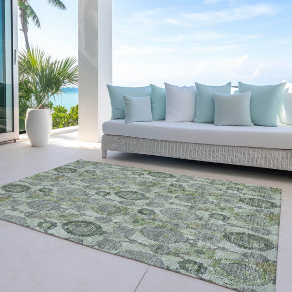 10' X 14' Artichoke Green And Fern Green Damask Washable Indoor Outdoor Area Rug
