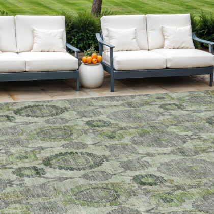 10' X 14' Artichoke Green And Fern Green Damask Washable Indoor Outdoor Area Rug