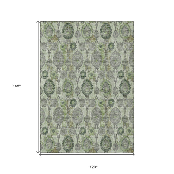 10' X 14' Artichoke Green And Fern Green Damask Washable Indoor Outdoor Area Rug
