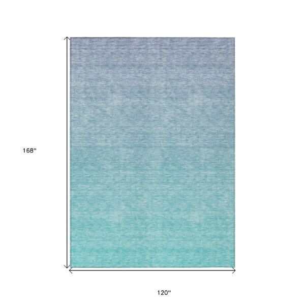 10' X 14' Sky Blue And Teal Blue Ombre Washable Indoor Outdoor Area Rug